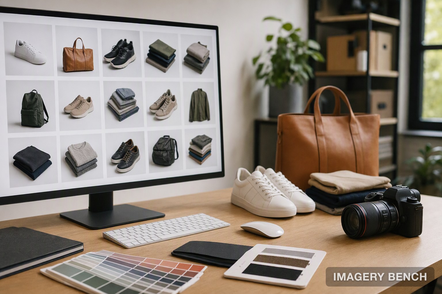 Studio desk with a monitor showing a grid of product image thumbnails beside product samples and color swatches