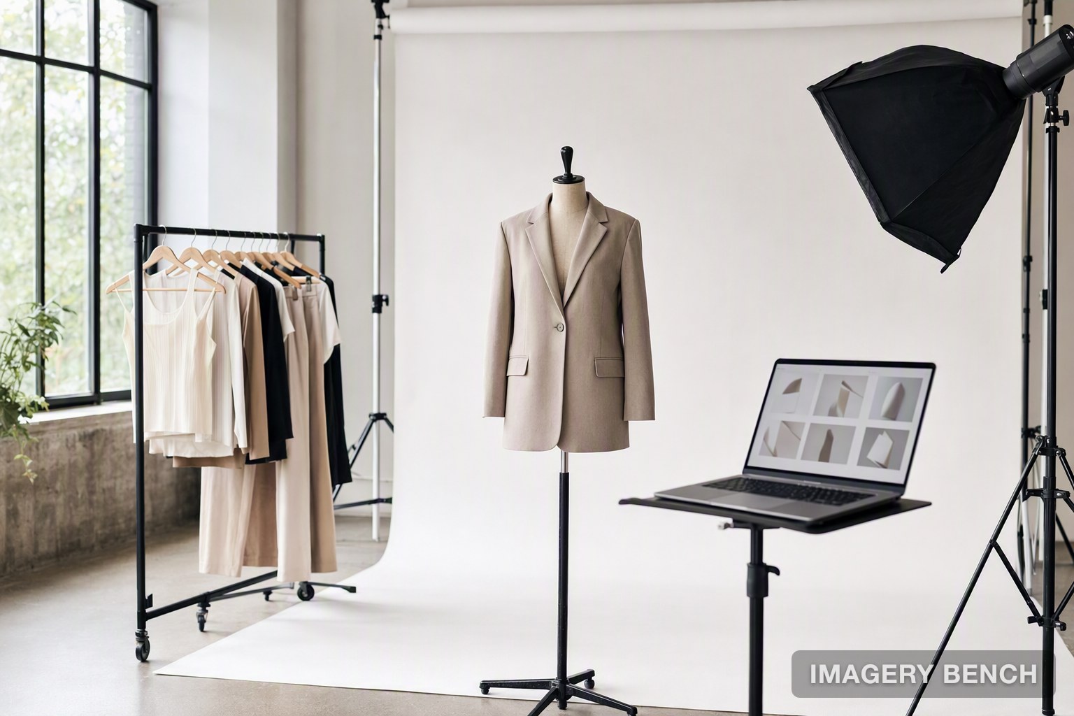 A fashion ecommerce photo studio with a dress form, a clothing rack and a laptop showing product thumbnails
