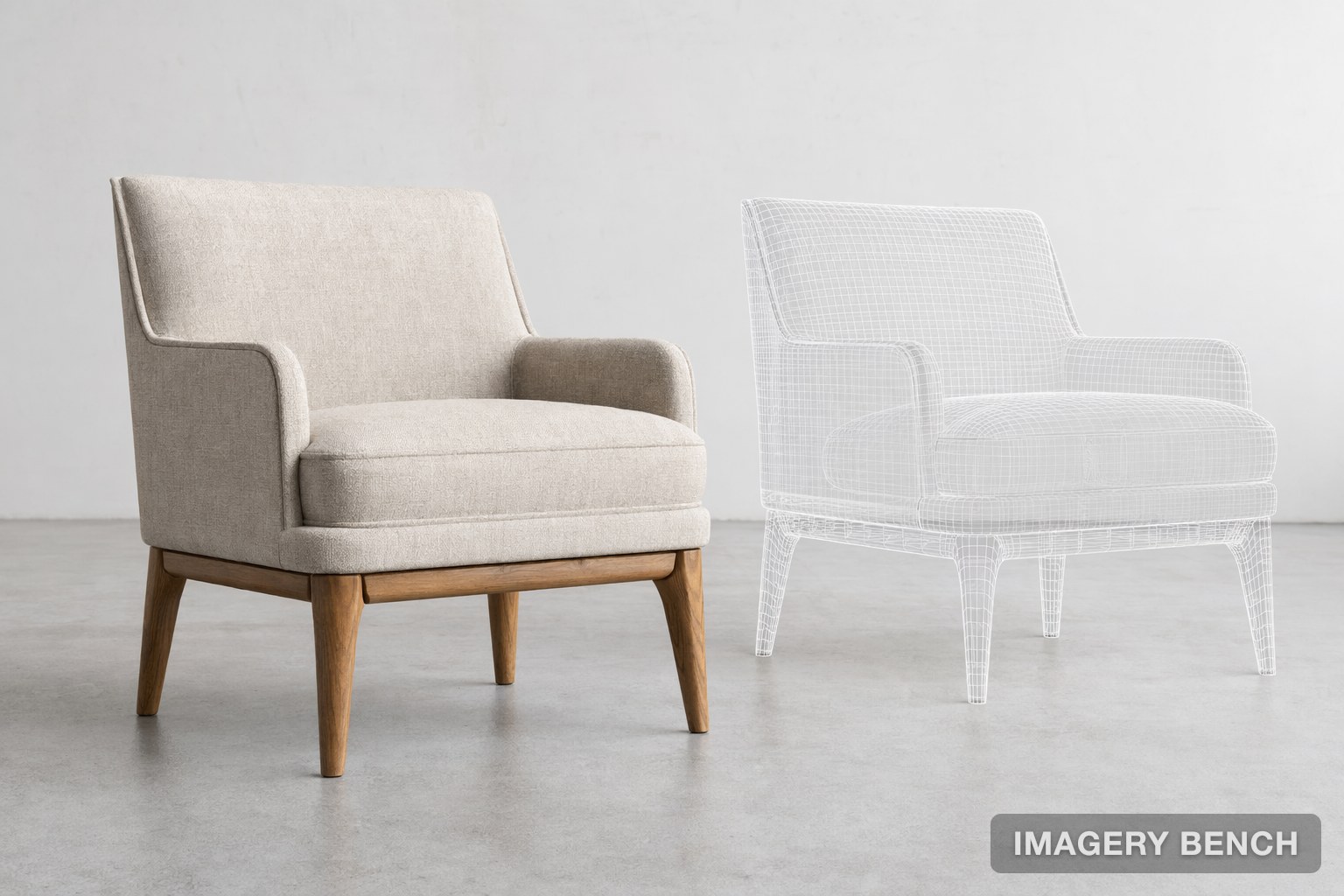 An armchair beside a wireframe 3D model of itself in a studio